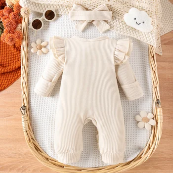 2PCS Autumn New Style 0-1 Year Old Girl Baby Sweet And Cute Solid Color Flying Sleeve Waffle Long-Sleeved Jumpsuit + Hair Band 2