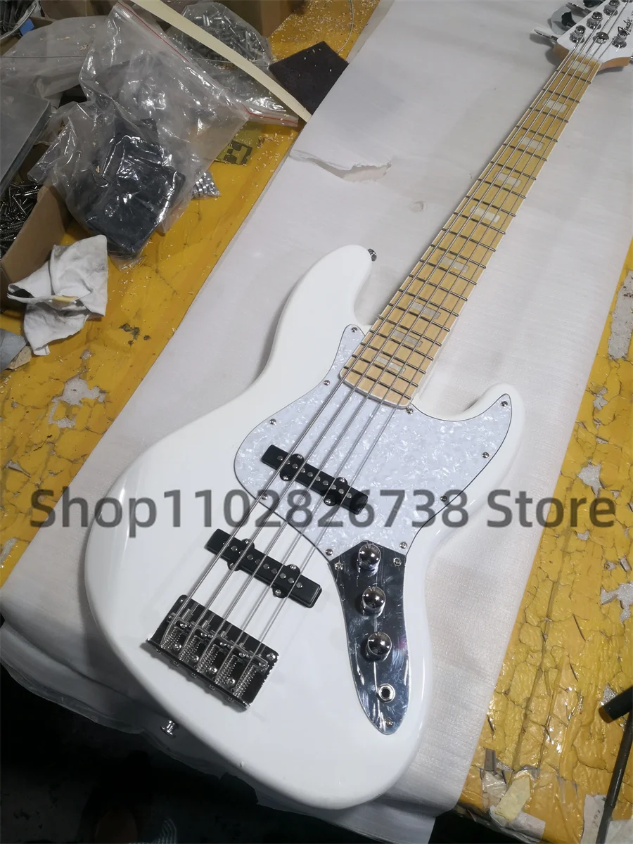 5 String Electric Bass Jaz White Body White Pearl Board Maple Fingerboard Shell Inlay Maple Neck Basswood Body Factory Custom
