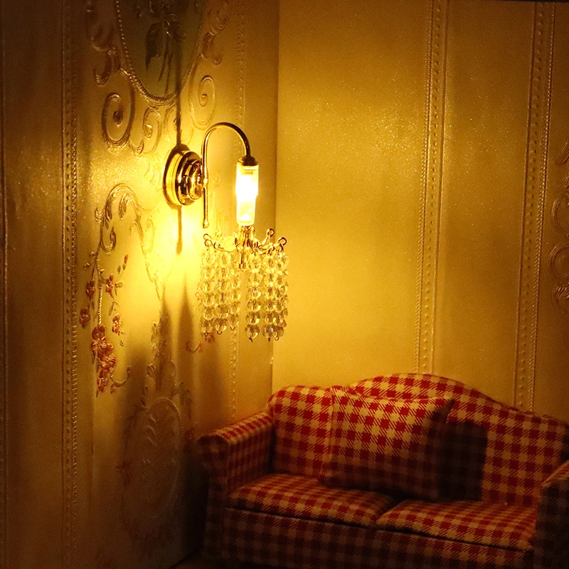 1:12 Dollhouse Miniature LED Light Gold Beaded Wall Lamp Home Lighting Model Furniture Decor Toy Doll House Accessories