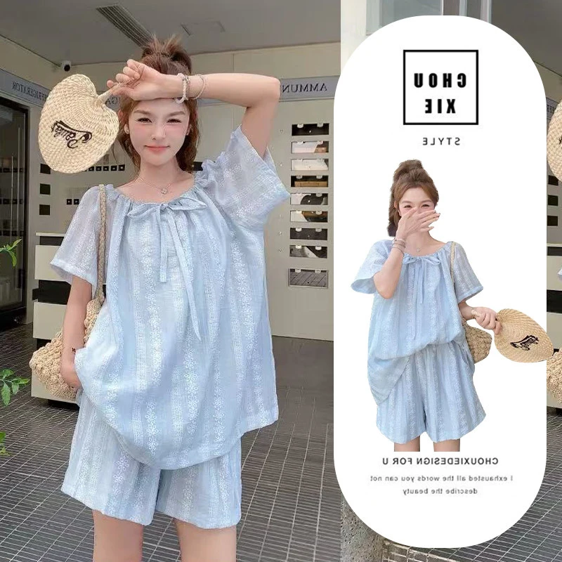 여름 신상 블루 루즈핏 민소매 임부복 세트 캐주얼 패션 아우터웨어 얇은 시폰 ..