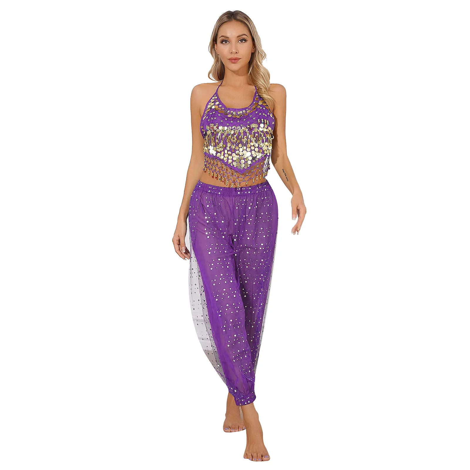 

Womens Stage Chiffon Indian Belly Dance Costumes Performance 2pcs Sexy Mini Crop Tops and Pants Sets Bellydance Clothes Outfits