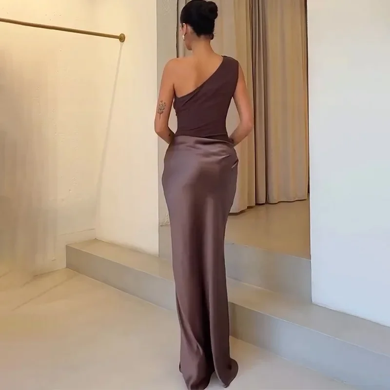 Patchwork Satin Sexy One Shoulder Women Maxi Dress Vintage Sleeveless Evening Dress Slim Elegant Party Birthday Clubwear