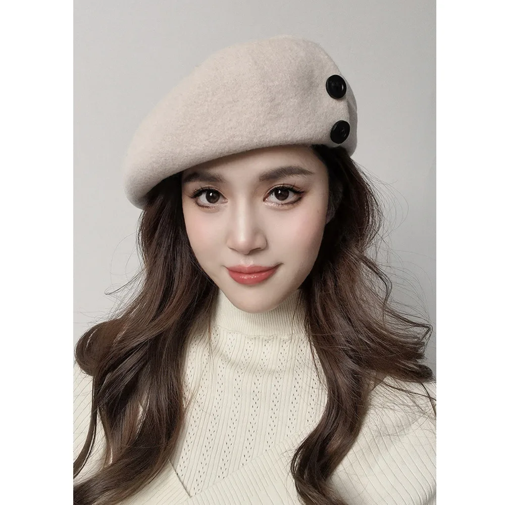 Autumn and winter fashion casual warm button decoration plus large elastic sweatband wool beret painter trendy hat_viptrois.com
