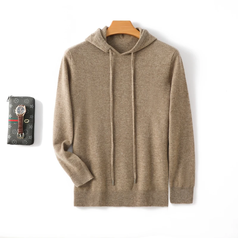 Autumn and winter cashmere sweater men's hooded loose sweater 100% pure wool solid color bottoming sweater 3