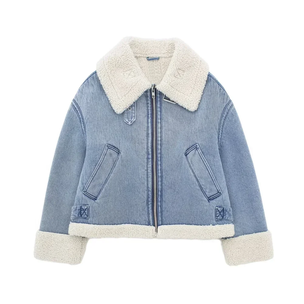 

Autumn Winter New Product Women Jacket Fashion Casual Versatile Polo Collar Lamb Wool Female Denim Fleece Coat