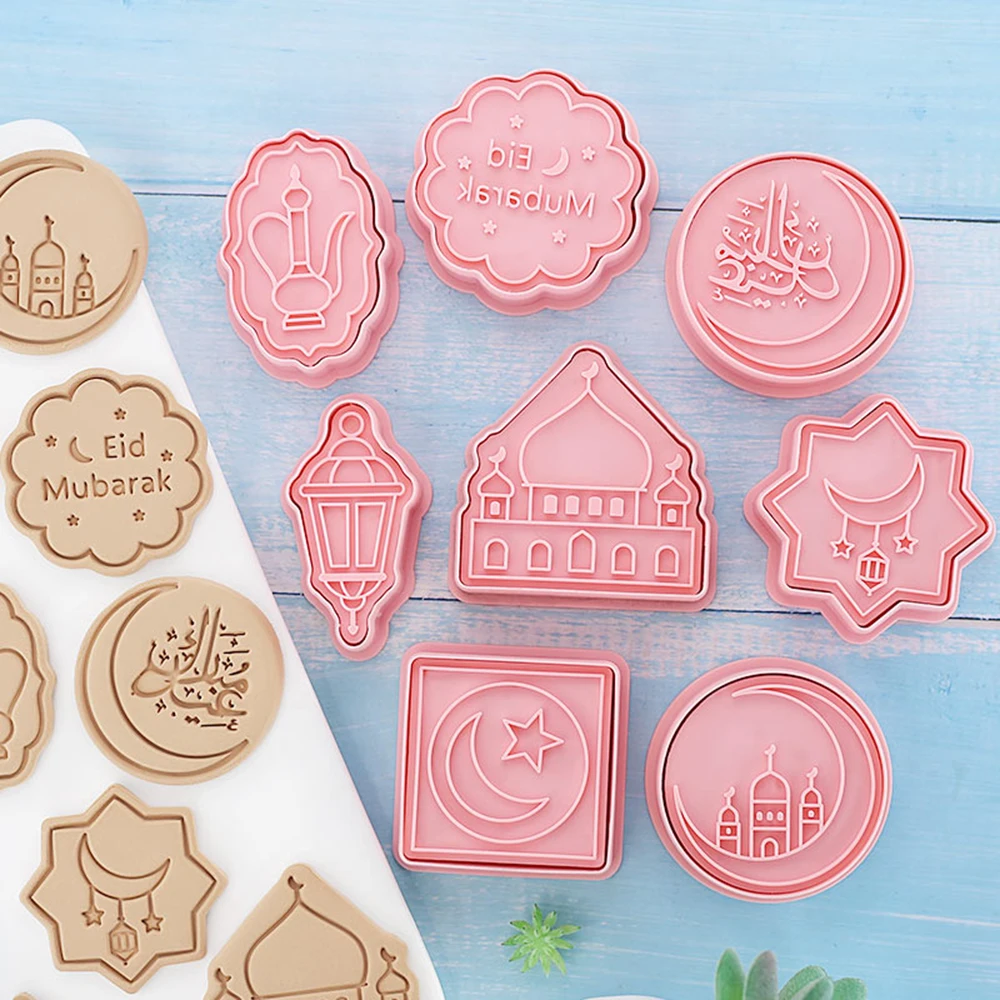 Eid Mubarak Cookie Cutters Ramadan Decoration Plastic Pressable Biscuit Mold Cookie Fondant Stamp Kitchen Baking Pastry Bakeware