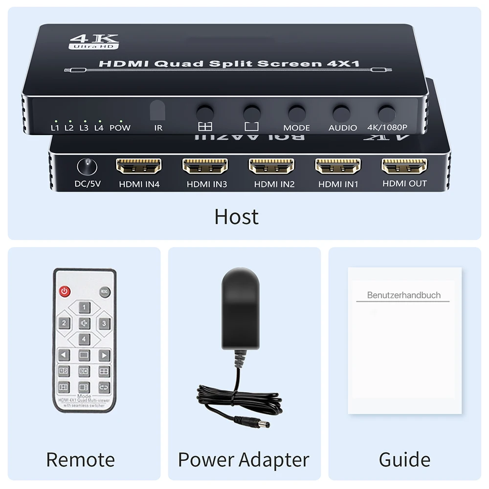 4K HDMI Multiviewer 4x1 HDMI Quad Screen Multi Viewer 4 in 1 out 1080P HDMI  Split Seamless Switcher 5 Mode for PC TV PS5 Monitor