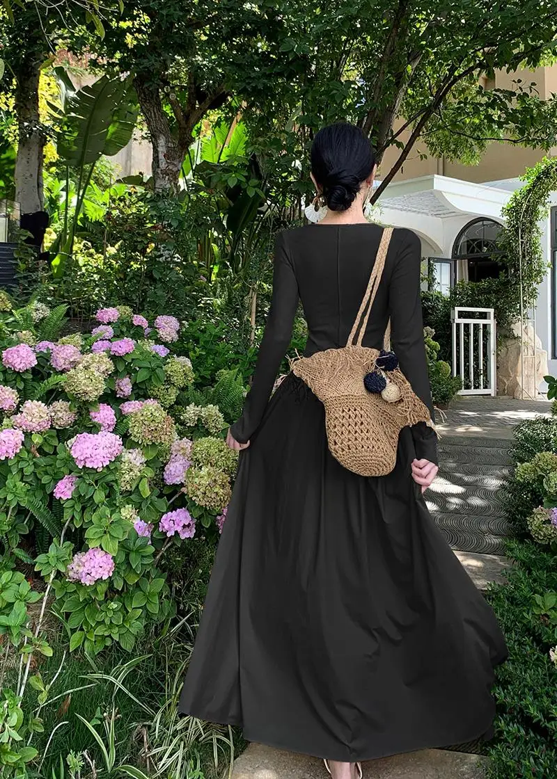 Vestidos largos informales de retazos para mujer, cuello redondo, mangas largas, corte en A, otoño primavera, moda coreana, vestidos de una pieza para mujer, nuevos