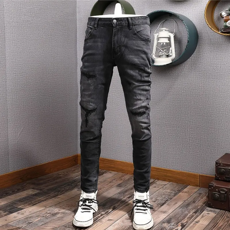 

High Street Fashion Men Jeans Retro Black Gray Stretch Slim Fit Ripped Jeans Men Spliced Designer Hip Hop Biker Pants Hombre