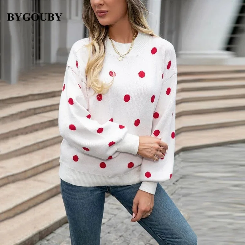 

BYGOUBYPolka Dot Women Cashmere Sweater 2023 Fashion Designer Woman Pullovers Sweater Tops CHIC Loose Casua Knitted Jumper Tops