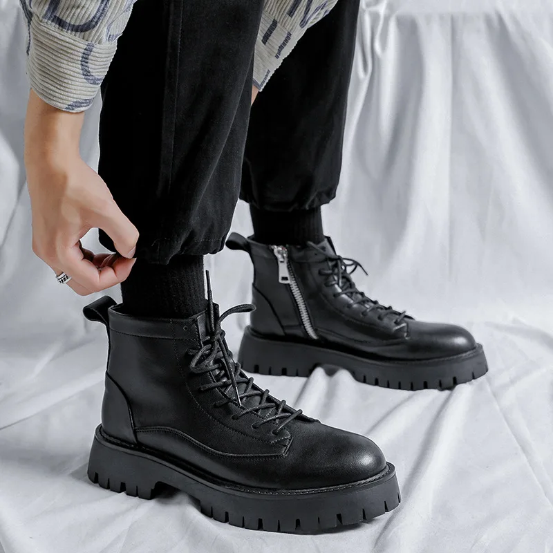 

British style men's fashion platform boots black tide original leather shoes cowboy ankle boot spring autumn short botas zapatos