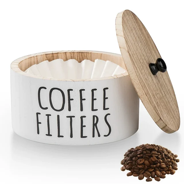 Coffee Storage Box For Cake Shape Paper Coffee Filters Wooden Coffee Filter Storage Container with Lid Coffee Filter Dispenser