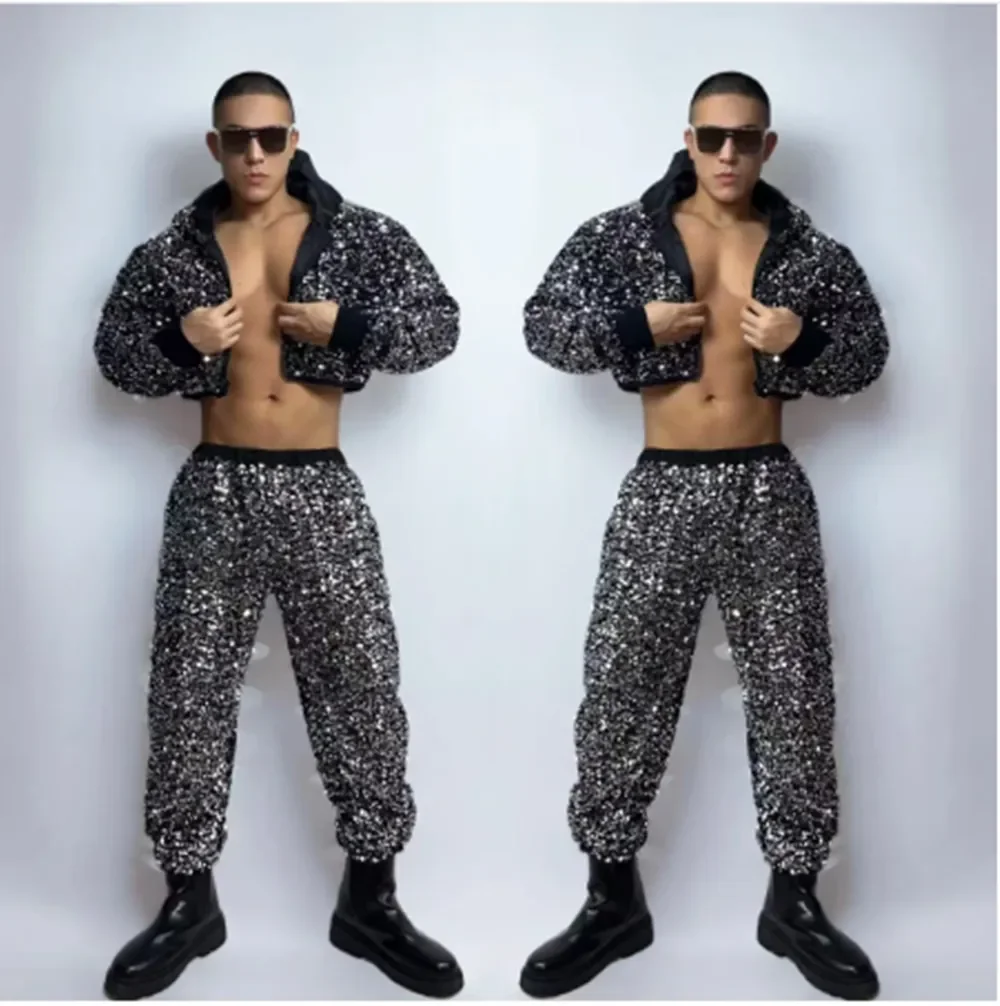 

Nightclub Bar Dj Gogo Dancer Outfit Adult Male Hip Hop Dancewear Silver Sequins Jacket Pants Singer Performance Costume