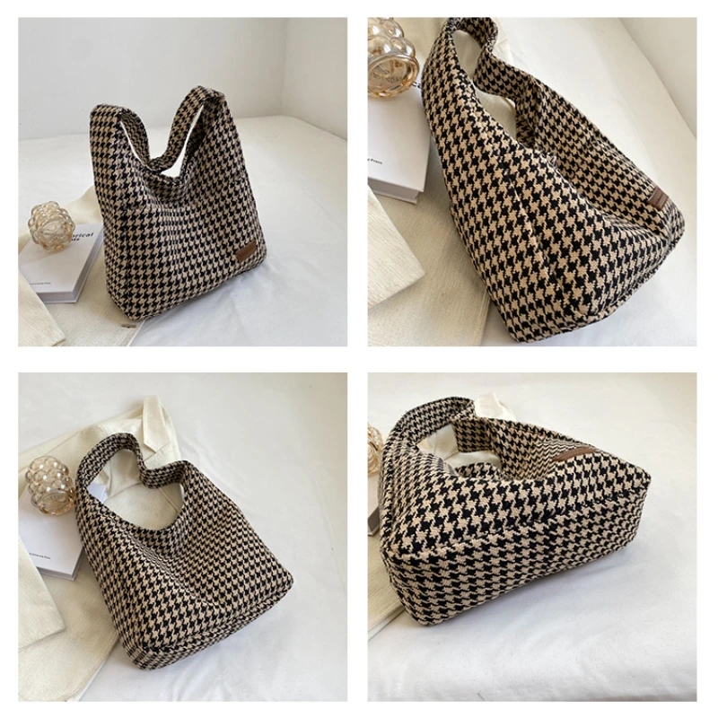New Fashion Women Canvas Shoulder Bags Houndstooth Pattern Cloth Fabric Tote Large Handbag INS Cute Shopping Bag For Ladies