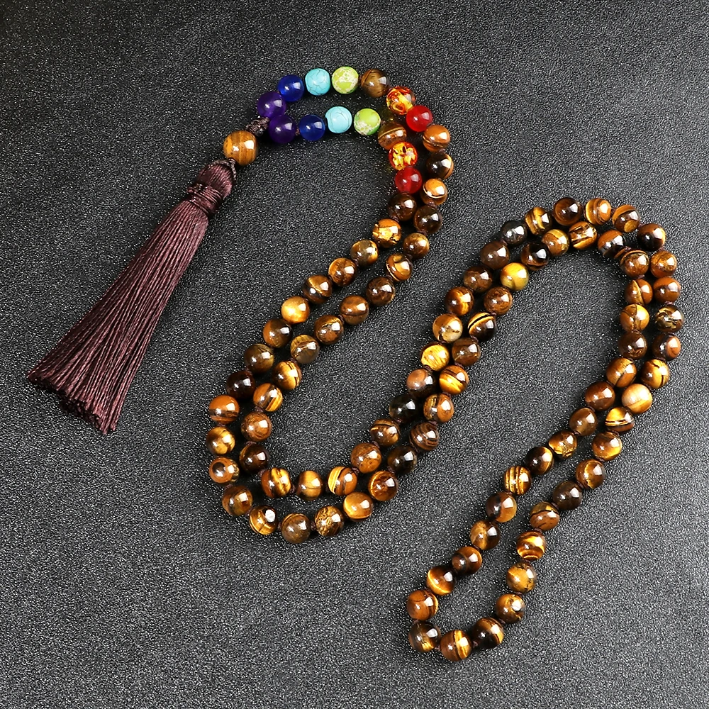 

8mm Natural Stone Tiger Eye Beads Reiki 7 Chakra Necklaces Prayer Charm Buddha 108 Mala Necklace Balance Yoga Meditation Jewelry