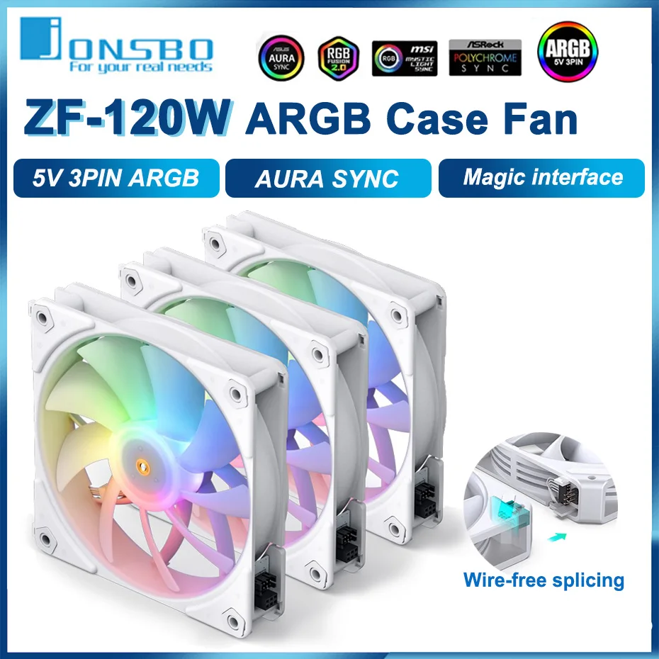 

JONSBO ZF-120W 3in1/2in1 120mm Case Fan 5V 3PIN ARGB CPU Cooler Fan Wire-free Splicing PWM Silent Cooling Fans