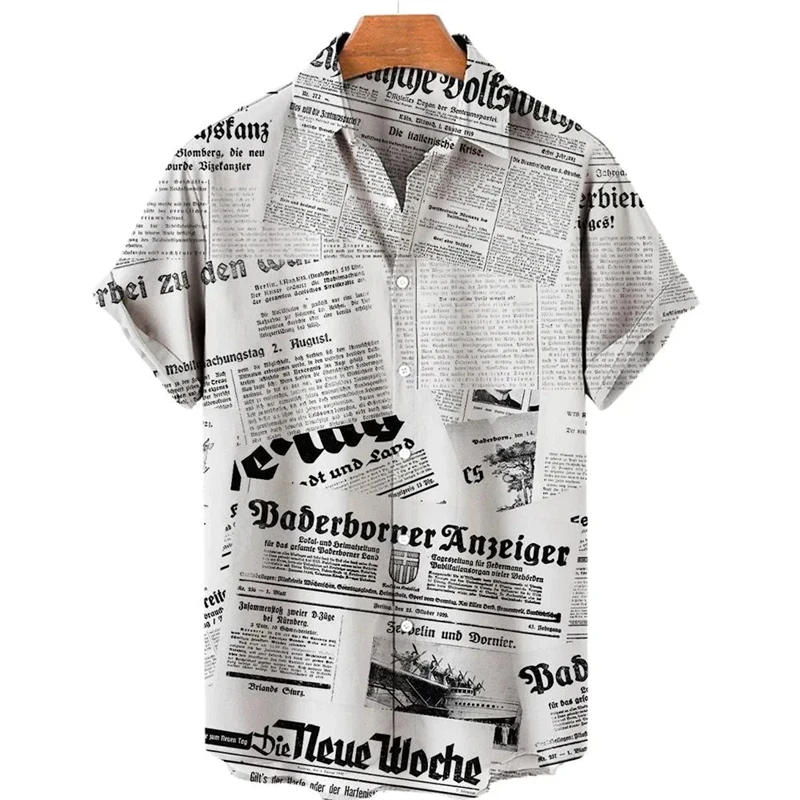thumbnail image 1 of Camisa retro de manga corta para hombre, periódicos antiguos impresos en 3D, diseño de botones informal y moderno para ropa de calle y hogar, 1 of 5