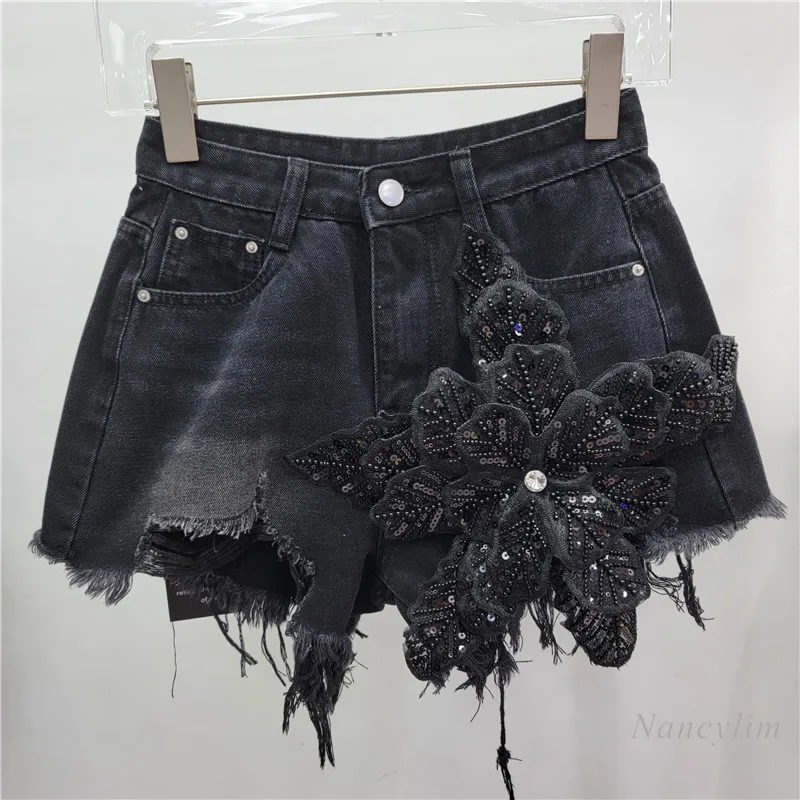 Green Denim Shorts Women's Summer New Korean Style Three-Dimensional Embroidered Flower Ripped Burr Straight Wide Leg Shorts