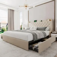 King Size Bed Frame,with 4 Storage Drawers,with Wingback Headboard, Charging Station,No Box Spring Needed,bed Frame 2