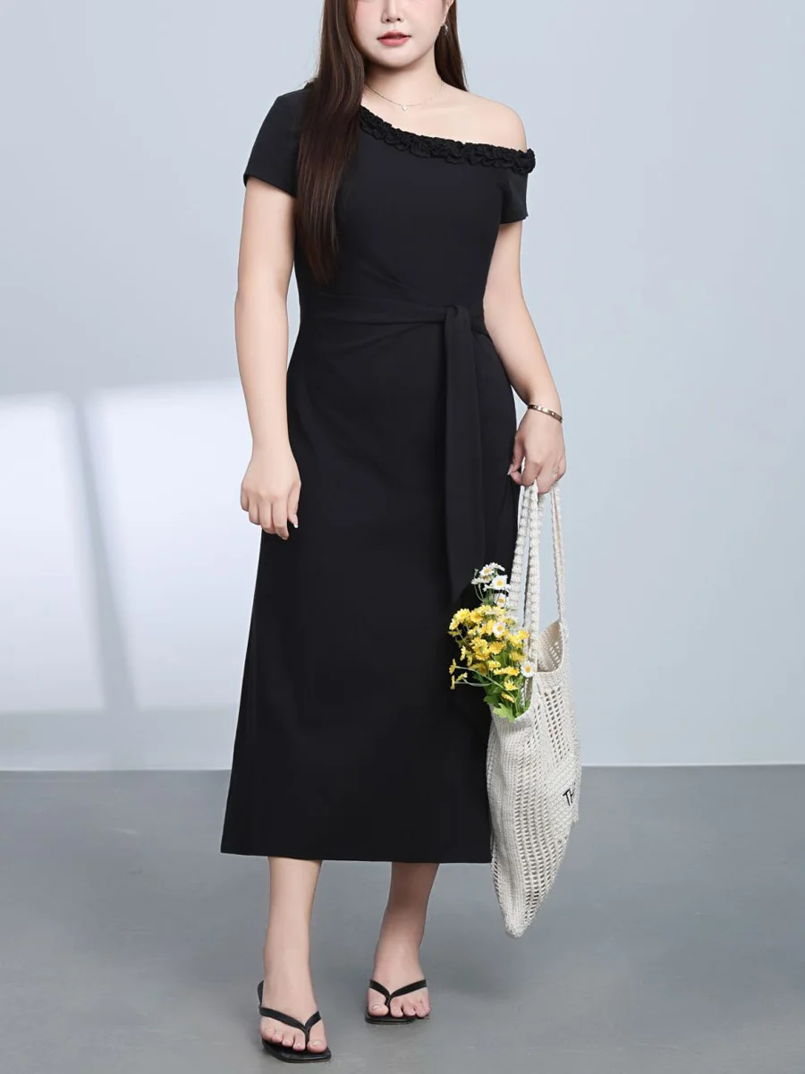 Plus Size Women Casual Slim Off-the-shoulder Dress Premium Bandage Black Ruffled Oblique Shoulder Design Summer