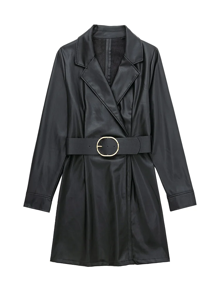 

Women Dresses 2022 Notched Lapel Office Faux Leather Blazer Dress Long Sleeve Elegant Black Faux PU Mini Dress With Buckle Belt