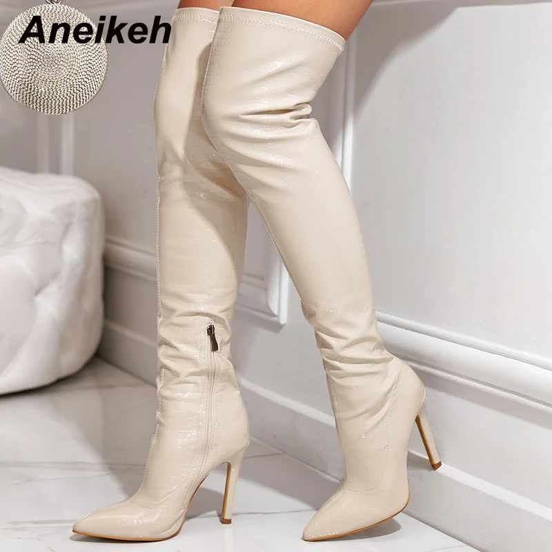 

Aneikeh 2024 Fashion Sexy Solid PU Pointed Thin Heels Over Knee Boots Women's Side Zipper Chelsea Boots Party Club Zapatos 35-42