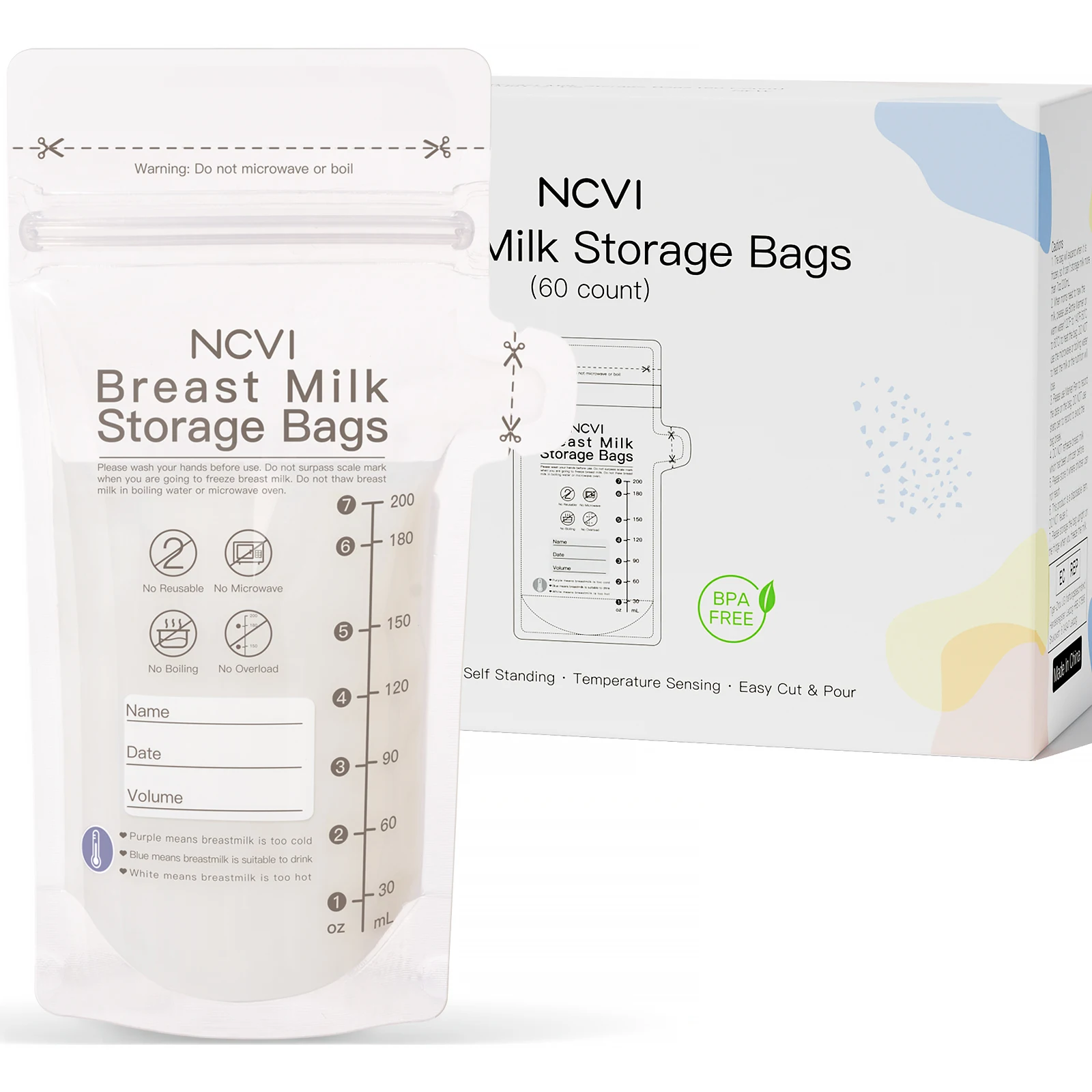 Breastmilk Storage Bags 7oz 60 Count Temp-Sensing Breastfeeding Doubled-Sealed BPA Free breast milk storage bag
