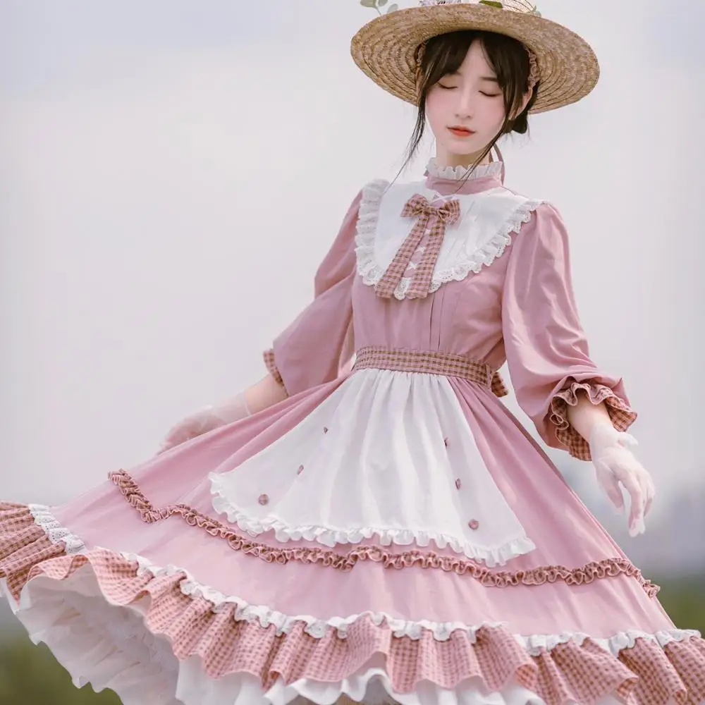 

Princess Tea Party Sweet Lolita Dress Retro Lace Bowknot Dress Stand Collar Maid Apron Big Swing Victorian Dress Kawaii Girl Cos