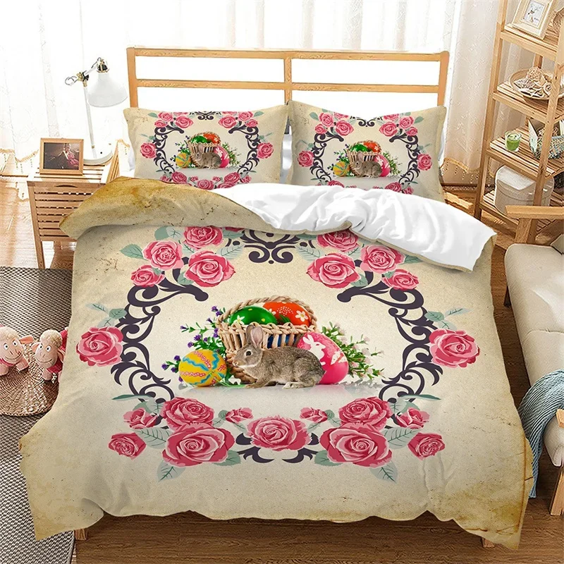 

Cute Rabbit Duvet Cover Twin Queen Colorful Eggs Bedding Set Microfiber Floral Comforter Cover For Kids Girls Boys Easter Gifts