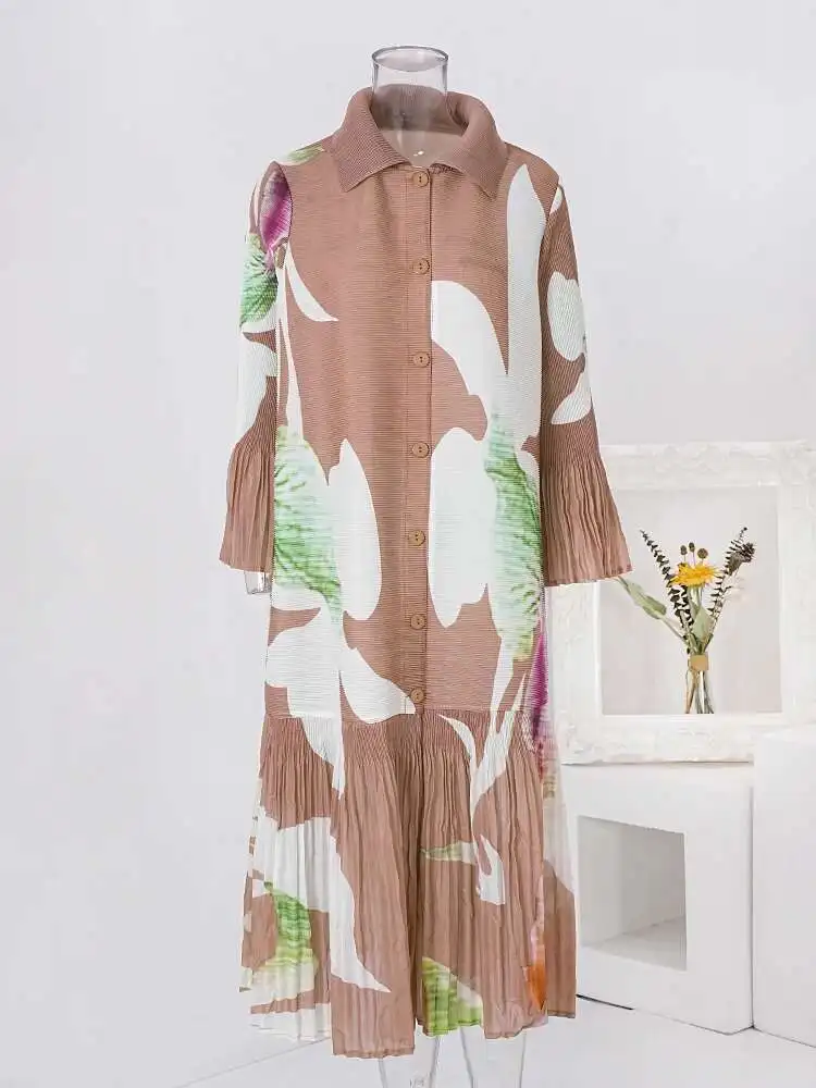 LANMREM 2024 New Pleated Print Dress For Women Fashion Lapel Single Breasted Loose Long Contrast Color Female Dresses 2DA4600 - Image 4