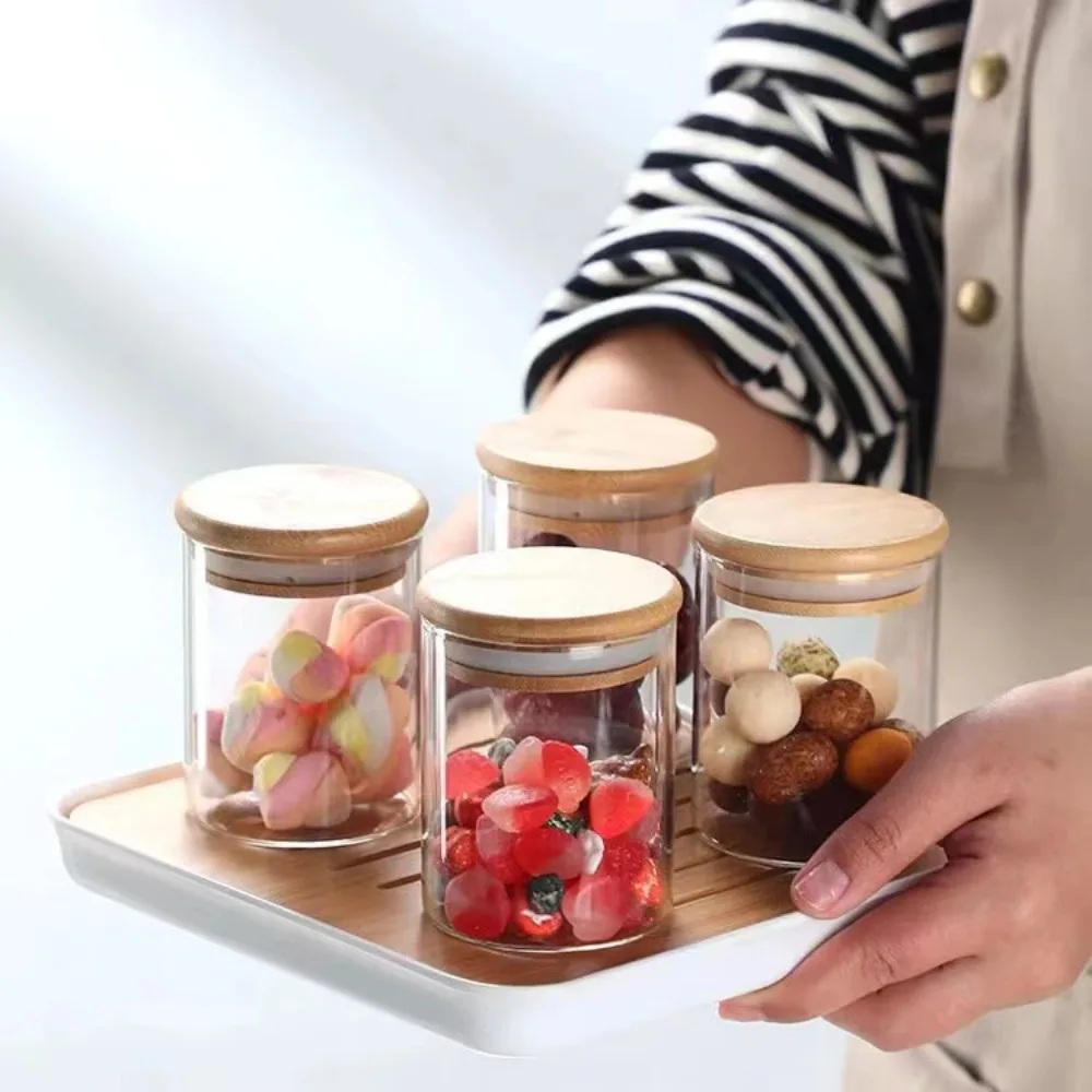 Glass Food Storage Tank with Made of bamboo Lid Kitchen Coffee Beans Candy Tea Grains Canister Home Snacks Storage 2
