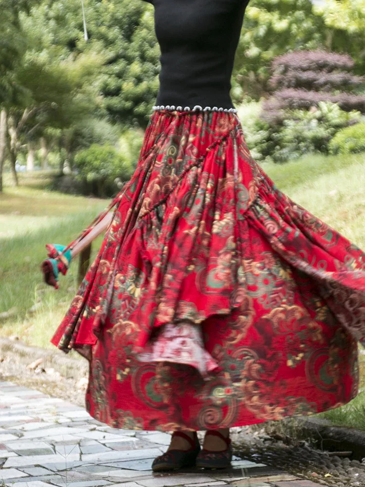 Jupe longue d'été bohème à imprimé floral - Noir - Manches longues, rouge, M