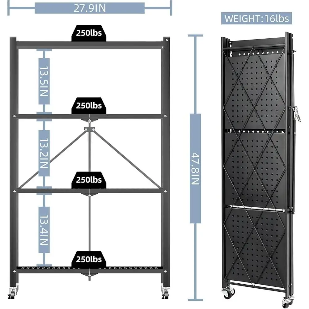4-Tier Foldable Metal Storage Shelf with Wheels Heavy Duty Organizer Bathroom Kitchen Office Garage Space Saving Display Rack 3