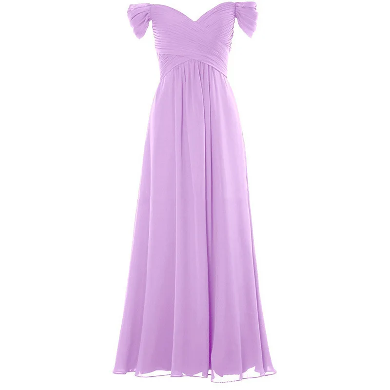 A Line Chiffon Elegant Boat Neck Pleat Flowers Off Shoulder Evening Bridesmaid Dresses Wedding Party Formal Prom Zipper Back