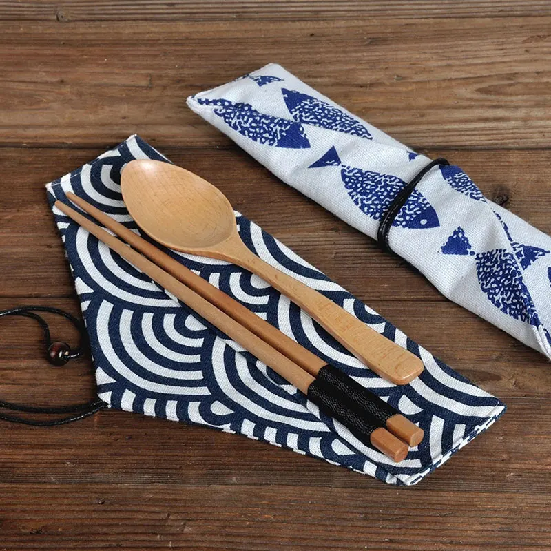 Japan-Style Reusable Travel Cutlery Pouch - Portable Drawstring Cloth Bag