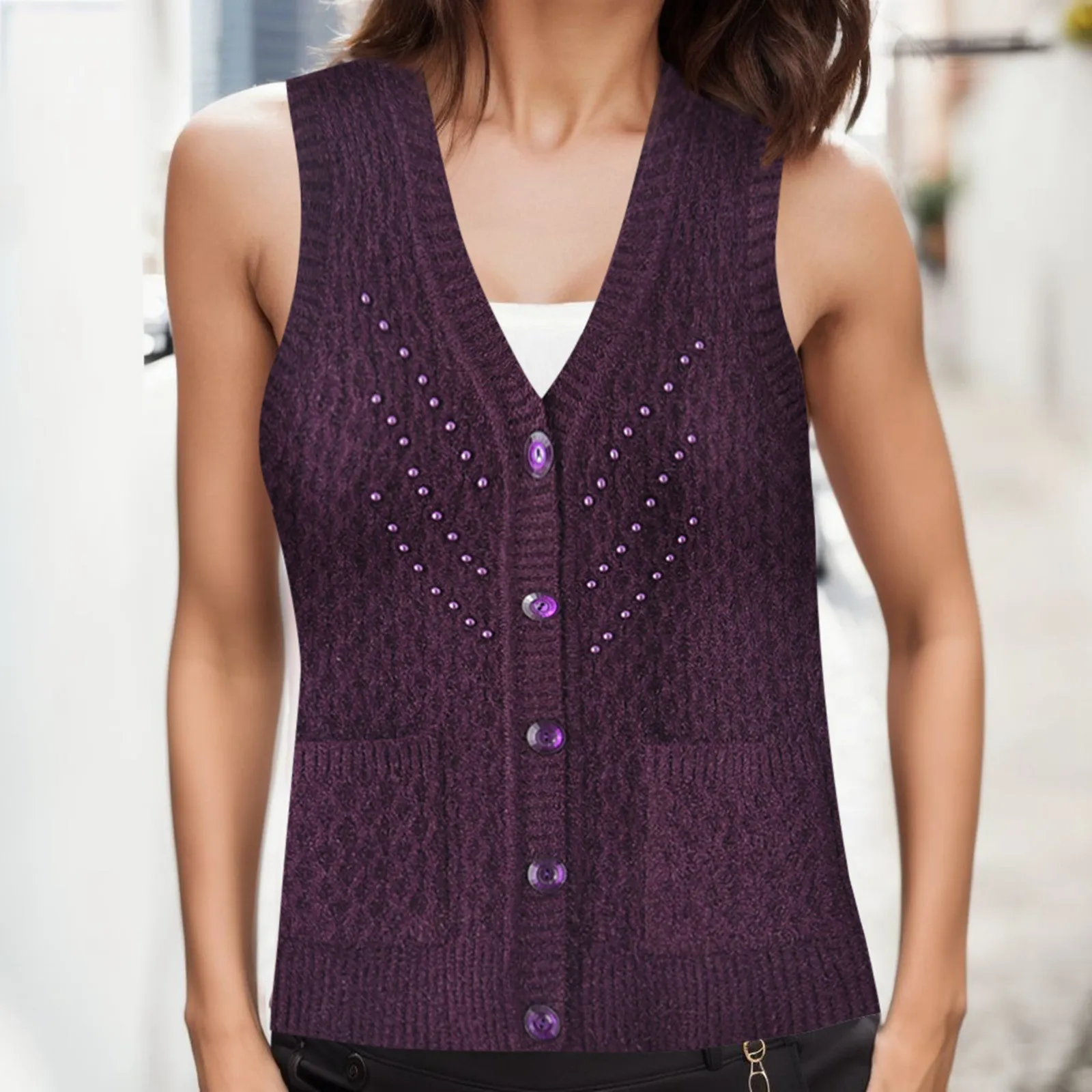 

Women Solid Color Warm And Comfortable Cardigan Sweater Waistcoat V Neck Knitted Sleeveless Vest With Button Up