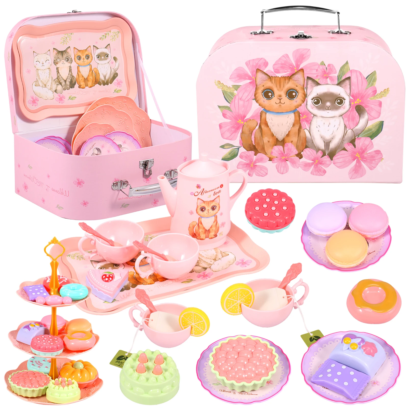 

46Pcs Kids Tea Party Set Funny Afternoon Tea Pretend Toy with Teapot Dessert Cake Stand Storage Box Portable Simulation Princess