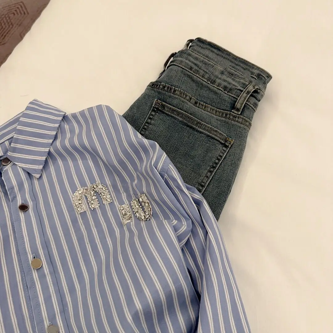 

Japanese And Korean Casual Blue POLO Collar Women's Shirt Summer Style Casual Letter Beaded Logo Stripe Loose Slim Shirt Shirt