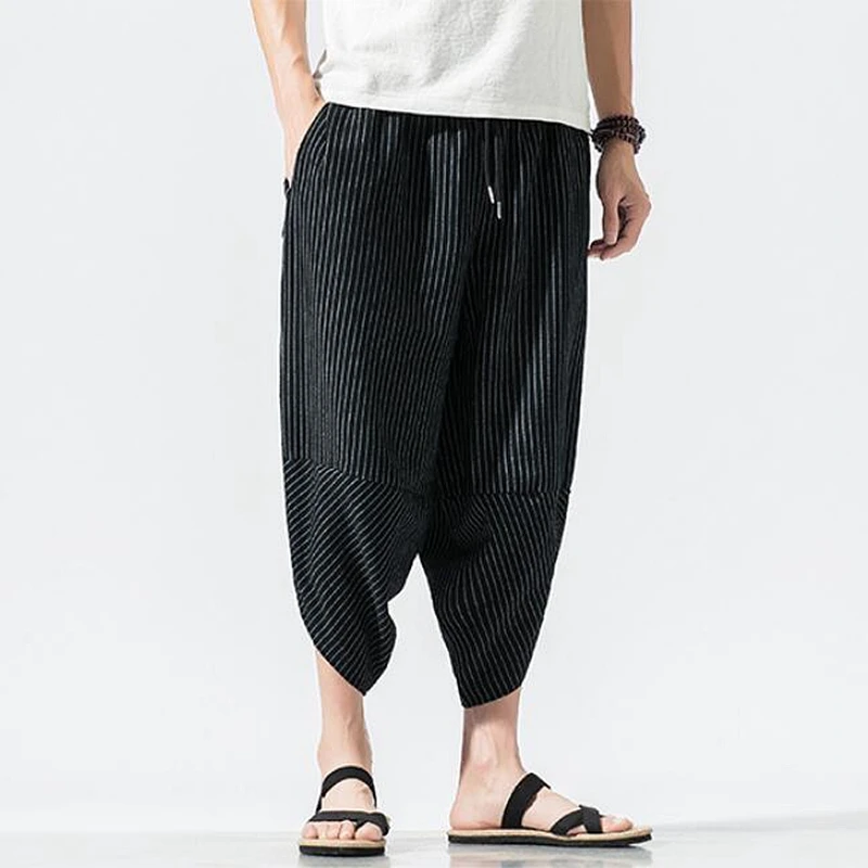 

Baggy Cotton Harem Pants Men Summer Men Women Joggers Hip Hop Streetwear Stripe Wide Leg Pants Casual Bloomers Calf-Length Pants