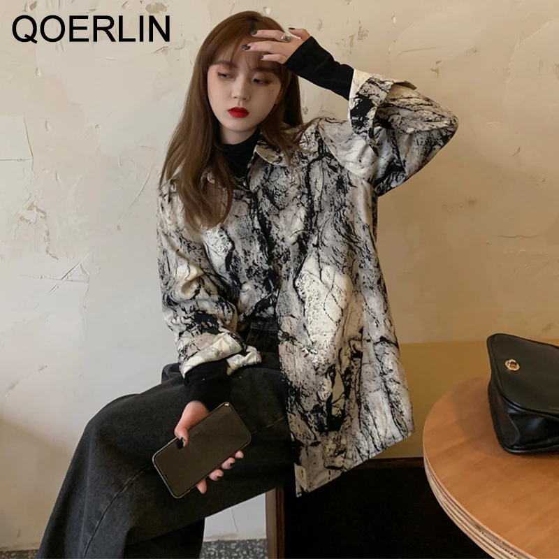 QOERLIN Retro Corduroy Shirt Women Ink Painting Chic Tops Korean Fashion Long Sleeve Spring Thicked Blouse Female Loose Casual
