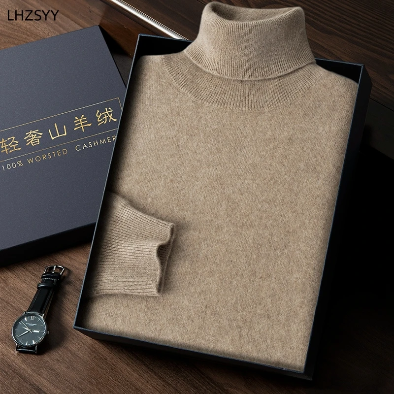 Autumn Winter New 100% Cashmere Sweater Men's turtleneck  Turtlenecks Knit Pullovers Youth Loose Warm Business Casual Solid Top 2
