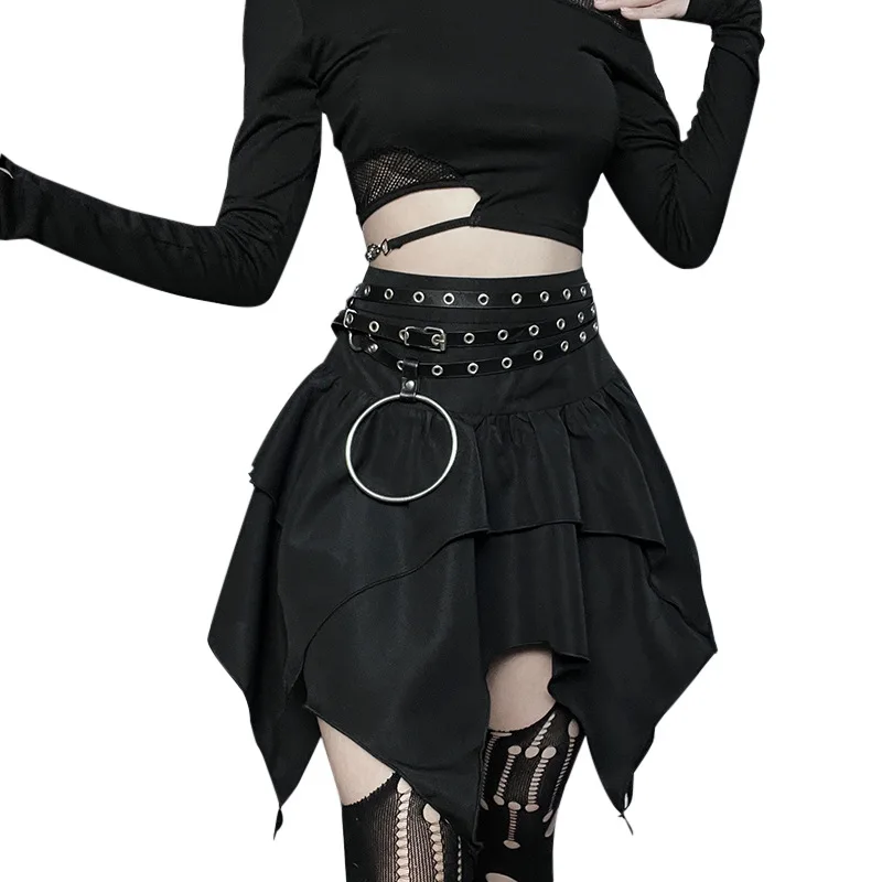 Gothic Punk Irregular Skirts New Sexy Women Solid Color Drawstring Tie-Up Ruched Ruffles Mini Skirt Summer Fashion Short Skirts