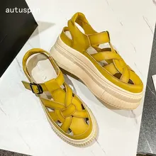  Autuspin Retro Hollow Out Sandals Women Summer Genuine Leather Casual Chunky Heels Students Street Style Leisure Shoes Woman 