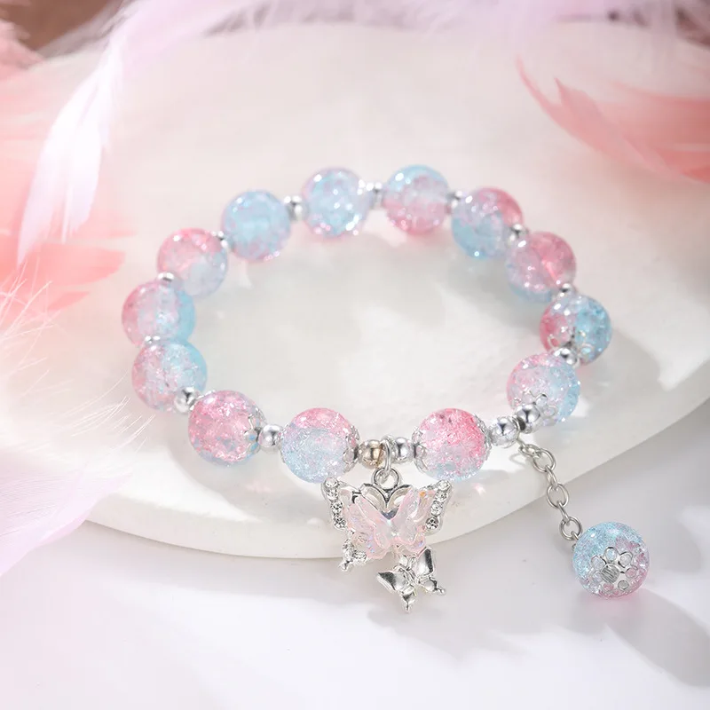 Butterfly Bohemian Sweet Beaded Bracelet for Women Girls Pink Color Imitation Jade Crystal Hand Jewelry Birthday Party Gifts