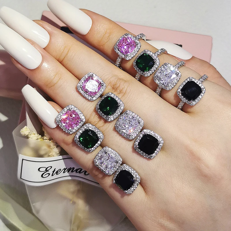 India Dubai Silver Color Cushion CZ Jewelry Set Engagement Ring Stud Earring for Women Party Gift Size 11,12,13 J1099-pink silver jewelry,silver jewelry set,jewelry set