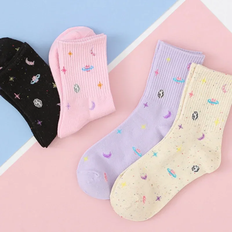 

Casual Kawaii Cotton Socks Women's Socks Summer Socks Women's Cartoon Planet Moon Print Funny Ruffle Korean Version Sweet