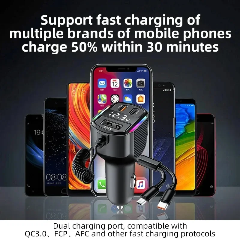 PD 30W Car Charger Cigarette Lighter Adapter USB Type-C with  Spring Wire Fast Charging Cable For iPhone Xiaomi Huawei Samsung