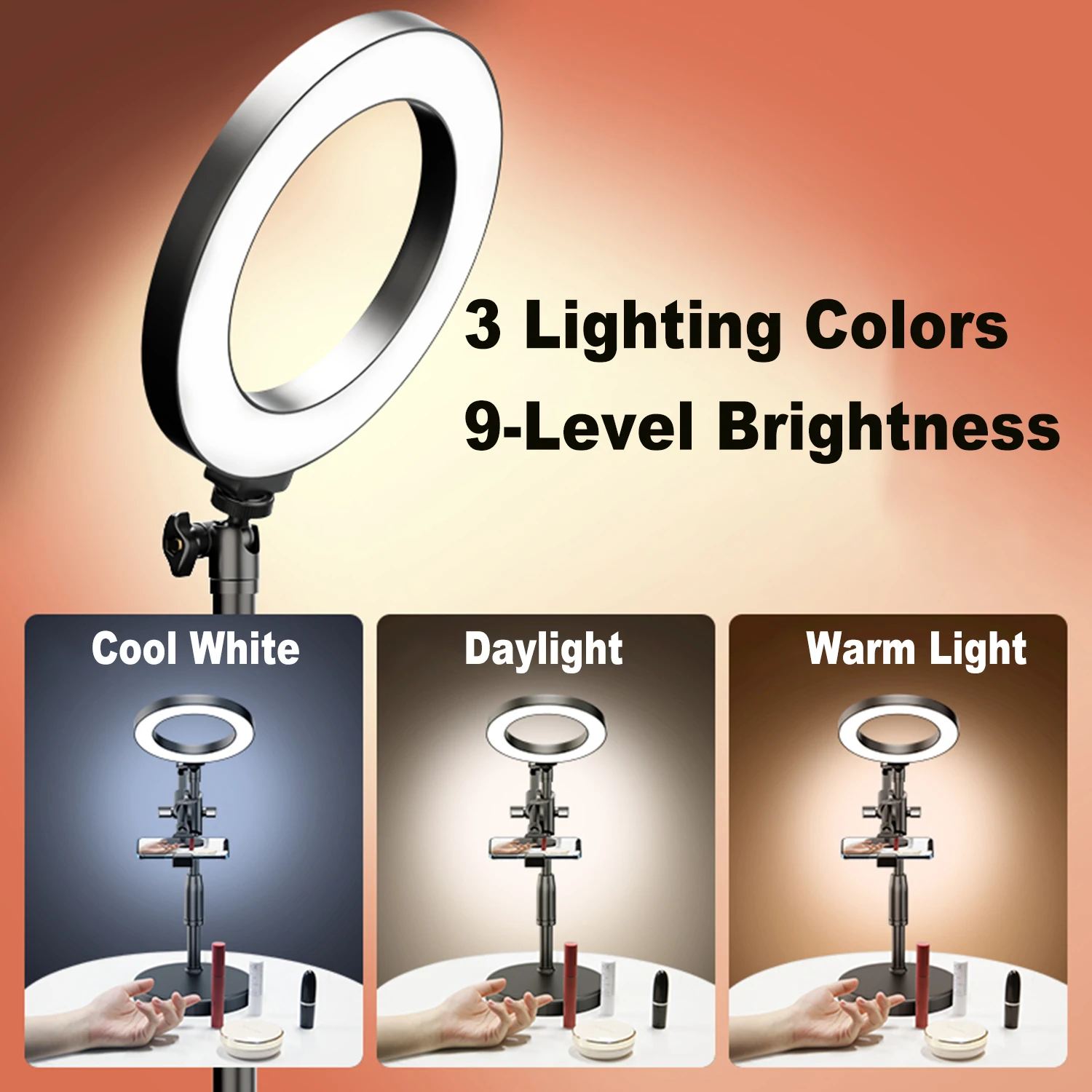 NULIER Overhead Phone Mount with 10" Selfie Ring Light 3 Lighting Mode for Video Recording Live Streaming