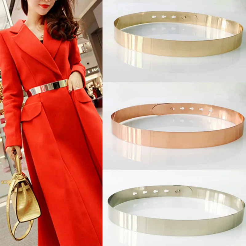 Fashion Luxury Brand Women Adjustable Metal Waist Belt Bling Gold Silver Color Plate Vintage Lady Simple Belts Mirror Waistband