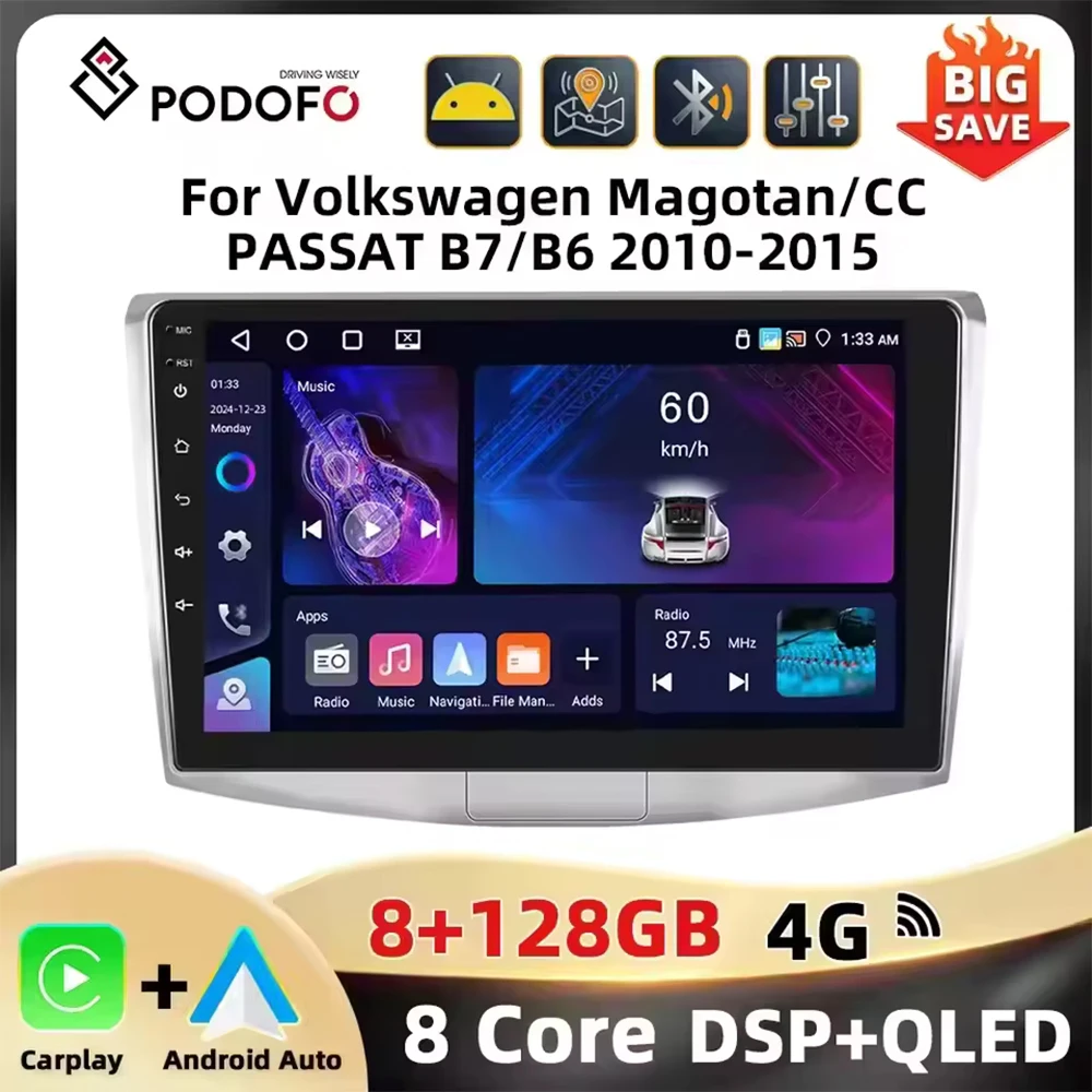 Podofo-Radio con GPS para coche, reproductor estéreo con WIFI, 4G, 8 núcleos, Android, Carplay, para Volkswagen Magotan/CC 2010-2014/PASSAT B7/B6 2010-2015 1